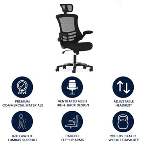English Elm Kelista High-Back Mesh Executive Chair with Adjustable Headrest, Flip-Up Arms & Ergonomic Support BL-X-5H-GG