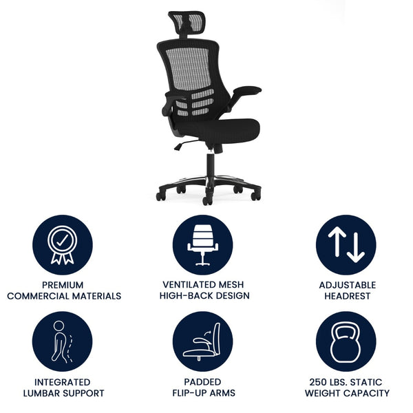 English Elm Kelista High-Back Mesh Executive Chair with Adjustable Headrest, Flip-Up Arms & Ergonomic Support BL-X-5H-GG
