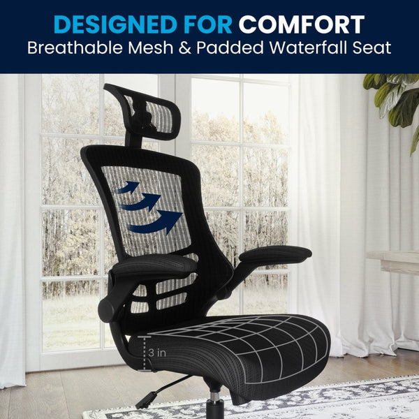 English Elm Kelista High-Back Mesh Executive Chair with Adjustable Headrest, Flip-Up Arms & Ergonomic Support BL-X-5H-GG