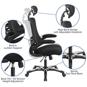 English Elm Kelista High-Back Mesh Executive Chair with Adjustable Headrest, Flip-Up Arms & Ergonomic Support BL-X-5H-GG