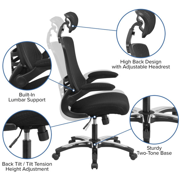 English Elm Kelista High-Back Mesh Executive Chair with Adjustable Headrest, Flip-Up Arms & Ergonomic Support BL-X-5H-GG