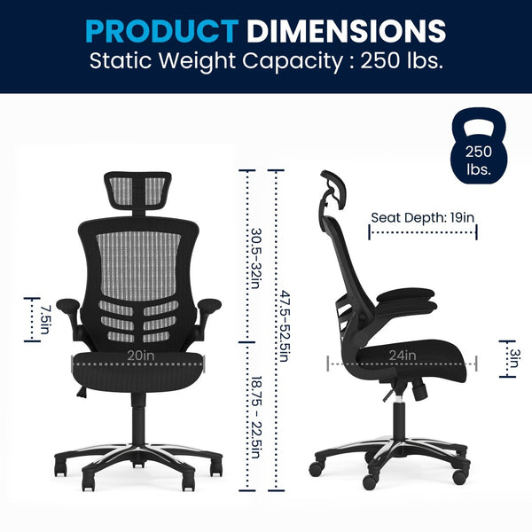 English Elm Kelista High-Back Mesh Executive Chair with Adjustable Headrest, Flip-Up Arms & Ergonomic Support BL-X-5H-GG