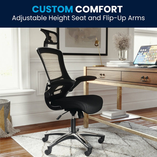 English Elm Kelista High-Back Mesh Executive Chair with Adjustable Headrest, Flip-Up Arms & Ergonomic Support BL-X-5H-GG