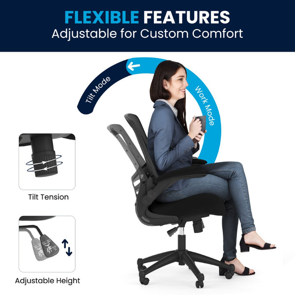 English Elm Kelista Ergonomic Swivel Office Chair with Mesh Back, Adjustable Height & Flip-Up Arms for Comfort Black Mesh/Black Frame BL-X-5M-BK-GG