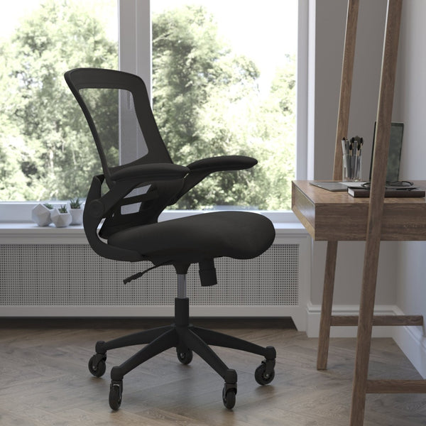 English Elm Kelista Ergonomic Mid-Back Office Chair with Lumbar Support, Flip-Up Arms & Smooth Roller Wheels Black Mesh/Black Frame BL-X-5M-BK-RLB-GG