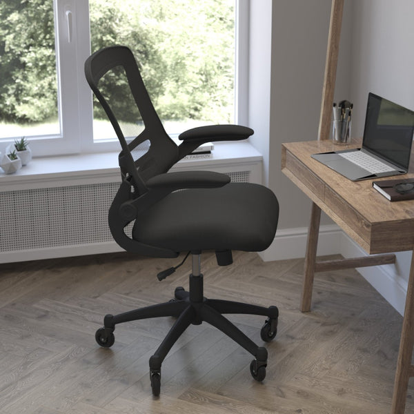 English Elm Kelista Ergonomic Mid-Back Office Chair with Lumbar Support, Flip-Up Arms & Smooth Roller Wheels Black Mesh/Black Frame BL-X-5M-BK-RLB-GG