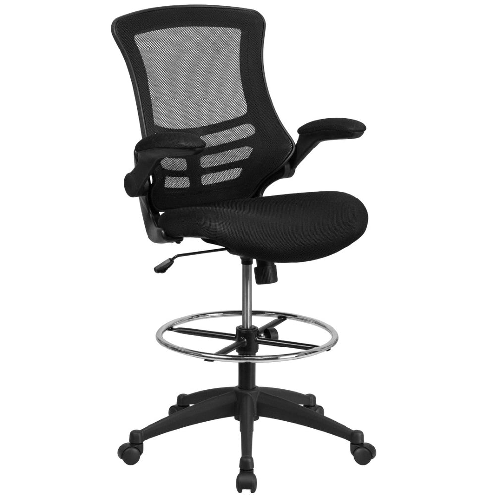 English Elm Kelista Ergonomic Drafting Chair with Adjustable Foot Ring, Flip-Up Arms, and Lumbar Support for Comfort Black Mesh/Black Frame BL-X-5M-D-GG