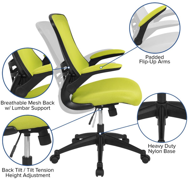 English Elm Kelista Ergonomic Swivel Office Chair with Mesh Back, Adjustable Height & Flip-Up Arms for Comfort Green Mesh/Black Frame BL-X-5M-GRN-GG