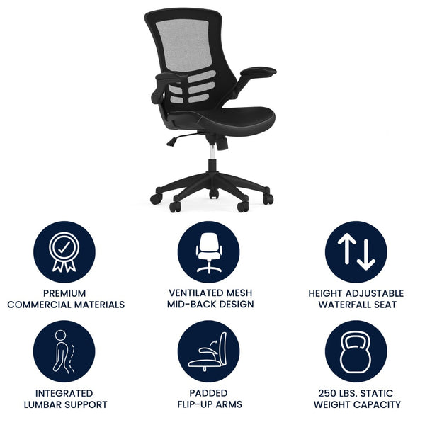 English Elm Kelista Ergonomic Swivel Office Chair with Mesh Back, Adjustable Height & Flip-Up Arms for Comfort Black Mesh & LeatherSoft/Black Frame BL-X-5M-LEA-GG