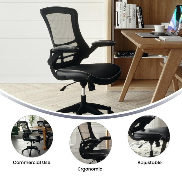 English Elm Kelista Ergonomic Swivel Office Chair with Mesh Back, Adjustable Height & Flip-Up Arms for Comfort Black Mesh & LeatherSoft/Black Frame BL-X-5M-LEA-GG