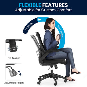 English Elm Kelista Ergonomic Swivel Office Chair with Mesh Back, Adjustable Height & Flip-Up Arms for Comfort Black Mesh & LeatherSoft/Black Frame BL-X-5M-LEA-GG