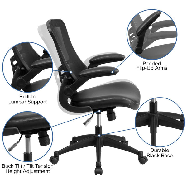 English Elm Kelista Ergonomic Swivel Office Chair with Mesh Back, Adjustable Height & Flip-Up Arms for Comfort Black Mesh & LeatherSoft/Black Frame BL-X-5M-LEA-GG