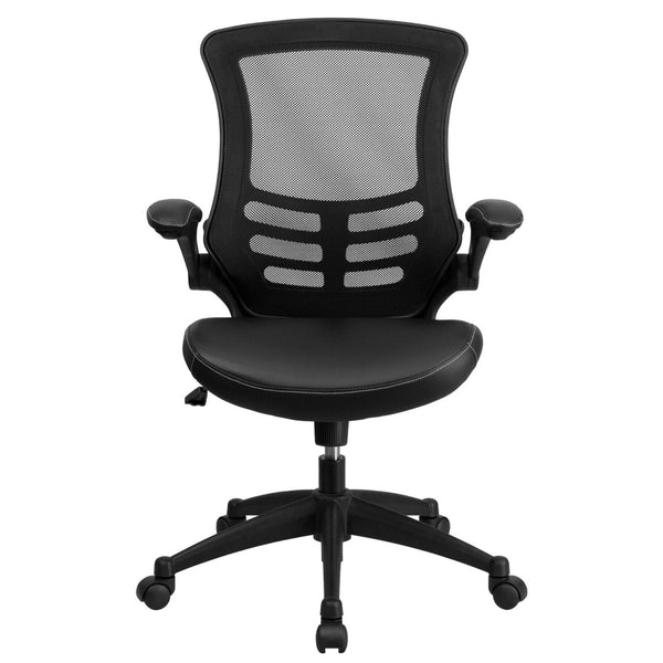 English Elm Kelista Ergonomic Swivel Office Chair with Mesh Back, Adjustable Height & Flip-Up Arms for Comfort Black Mesh & LeatherSoft/Black Frame BL-X-5M-LEA-GG