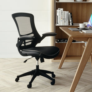 English Elm Kelista Ergonomic Swivel Office Chair with Mesh Back, Adjustable Height & Flip-Up Arms for Comfort Black Mesh & LeatherSoft/Black Frame BL-X-5M-LEA-GG