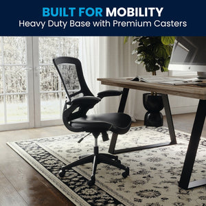 English Elm Kelista Ergonomic Swivel Office Chair with Mesh Back, Adjustable Height & Flip-Up Arms for Comfort Black Mesh & LeatherSoft/Black Frame BL-X-5M-LEA-GG