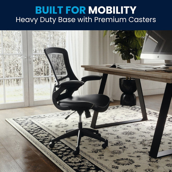 English Elm Kelista Ergonomic Swivel Office Chair with Mesh Back, Adjustable Height & Flip-Up Arms for Comfort Black Mesh & LeatherSoft/Black Frame BL-X-5M-LEA-GG
