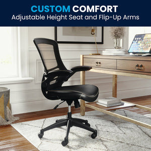 English Elm Kelista Ergonomic Swivel Office Chair with Mesh Back, Adjustable Height & Flip-Up Arms for Comfort Black Mesh & LeatherSoft/Black Frame BL-X-5M-LEA-GG