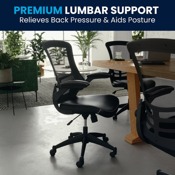 English Elm Kelista Ergonomic Swivel Office Chair with Mesh Back, Adjustable Height & Flip-Up Arms for Comfort Black Mesh & LeatherSoft/Black Frame BL-X-5M-LEA-GG