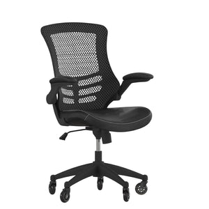 English Elm Kelista Ergonomic Mid-Back Office Chair with Lumbar Support, Flip-Up Arms & Smooth Roller Wheels Black Mesh & LeatherSoft/Black Frame BL-X-5M-LEA-RLB-GG