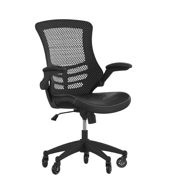 English Elm Kelista Ergonomic Mid-Back Office Chair with Lumbar Support, Flip-Up Arms & Smooth Roller Wheels Black Mesh & LeatherSoft/Black Frame BL-X-5M-LEA-RLB-GG