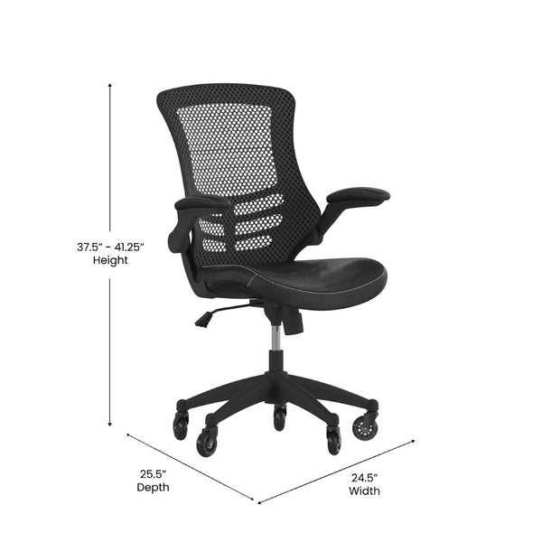 English Elm Kelista Ergonomic Mid-Back Office Chair with Lumbar Support, Flip-Up Arms & Smooth Roller Wheels Black Mesh & LeatherSoft/Black Frame BL-X-5M-LEA-RLB-GG