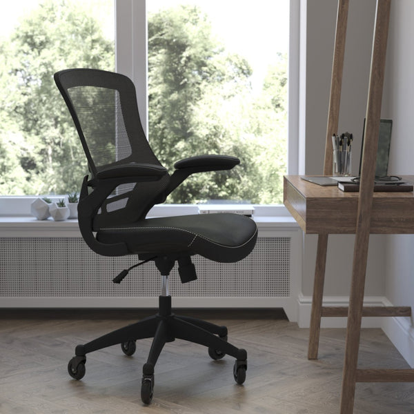 English Elm Kelista Ergonomic Mid-Back Office Chair with Lumbar Support, Flip-Up Arms & Smooth Roller Wheels Black Mesh & LeatherSoft/Black Frame BL-X-5M-LEA-RLB-GG
