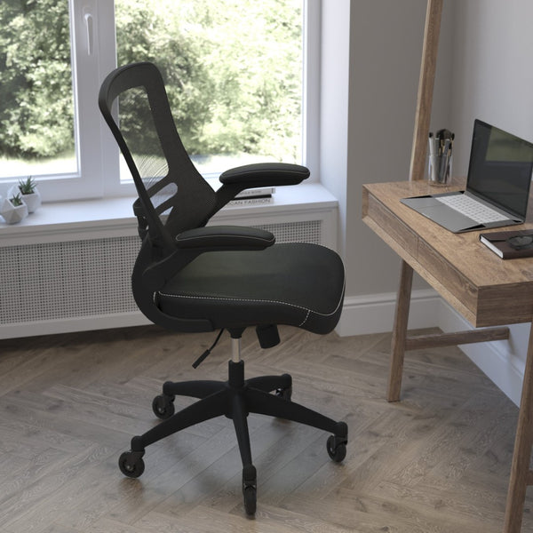 English Elm Kelista Ergonomic Mid-Back Office Chair with Lumbar Support, Flip-Up Arms & Smooth Roller Wheels Black Mesh & LeatherSoft/Black Frame BL-X-5M-LEA-RLB-GG