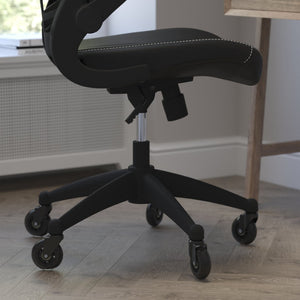 English Elm Kelista Ergonomic Mid-Back Office Chair with Lumbar Support, Flip-Up Arms & Smooth Roller Wheels Black Mesh & LeatherSoft/Black Frame BL-X-5M-LEA-RLB-GG