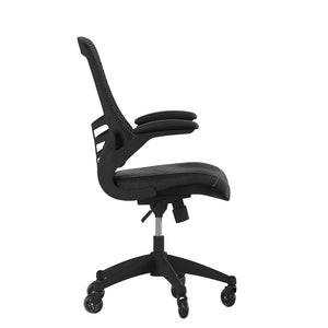 English Elm Kelista Ergonomic Mid-Back Office Chair with Lumbar Support, Flip-Up Arms & Smooth Roller Wheels Black Mesh & LeatherSoft/Black Frame BL-X-5M-LEA-RLB-GG