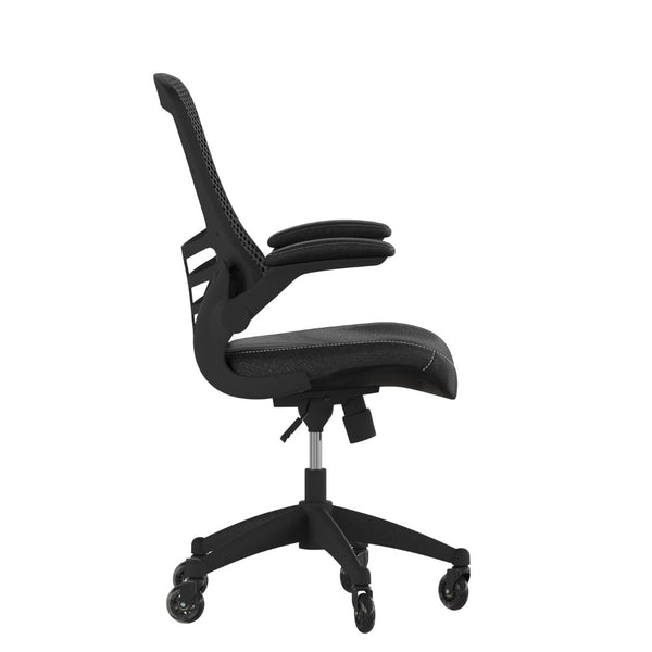 English Elm Kelista Ergonomic Mid-Back Office Chair with Lumbar Support, Flip-Up Arms & Smooth Roller Wheels Black Mesh & LeatherSoft/Black Frame BL-X-5M-LEA-RLB-GG