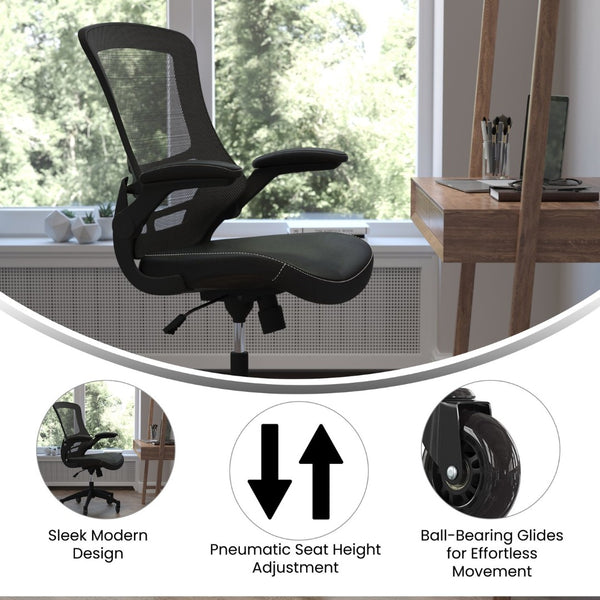 English Elm Kelista Ergonomic Mid-Back Office Chair with Lumbar Support, Flip-Up Arms & Smooth Roller Wheels Black Mesh & LeatherSoft/Black Frame BL-X-5M-LEA-RLB-GG