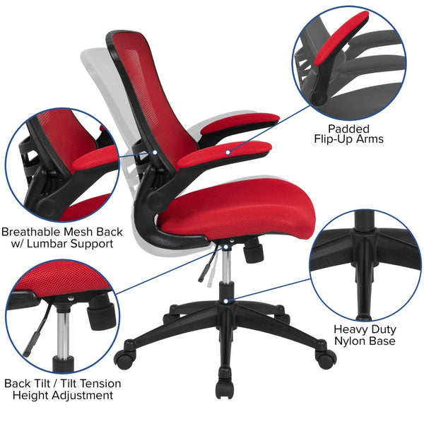 English Elm Kelista Ergonomic Swivel Office Chair with Mesh Back, Adjustable Height & Flip-Up Arms for Comfort Red Mesh/Black Frame BL-X-5M-RED-GG