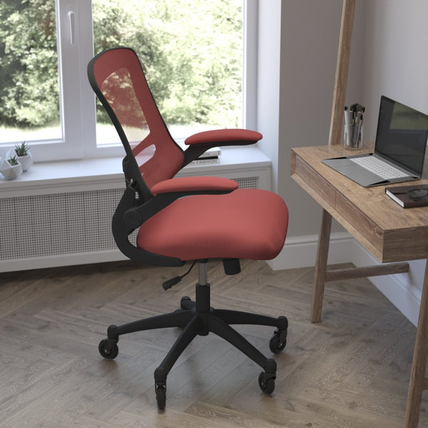 English Elm Kelista Ergonomic Mid-Back Office Chair with Lumbar Support, Flip-Up Arms & Smooth Roller Wheels Red Mesh/Black Frame BL-X-5M-RED-RLB-GG
