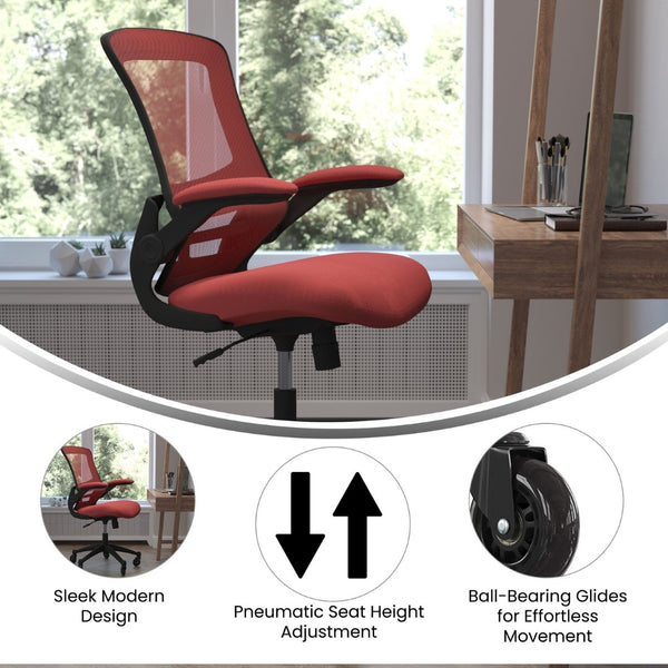 English Elm Kelista Ergonomic Mid-Back Office Chair with Lumbar Support, Flip-Up Arms & Smooth Roller Wheels Red Mesh/Black Frame BL-X-5M-RED-RLB-GG