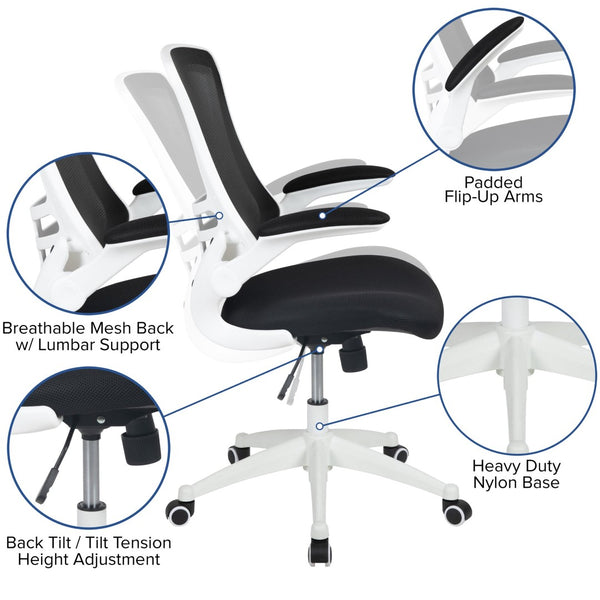 English Elm Kelista Ergonomic Swivel Office Chair with Mesh Back, Adjustable Height & Flip-Up Arms for Comfort Black Mesh/White Frame BL-X-5M-WH-BK-GG