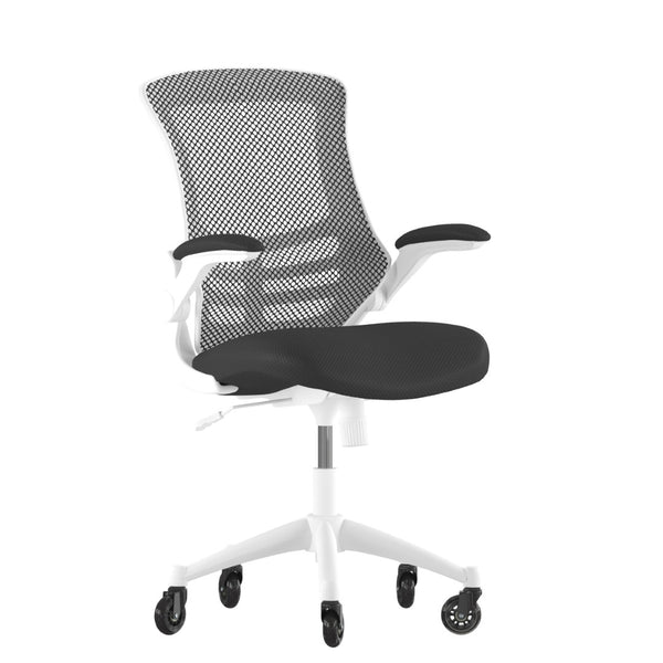English Elm Kelista Ergonomic Mid-Back Office Chair with Lumbar Support, Flip-Up Arms & Smooth Roller Wheels Black Mesh/White Frame BL-X-5M-WH-BK-RLB-GG
