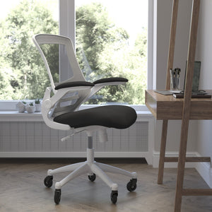 English Elm Kelista Ergonomic Mid-Back Office Chair with Lumbar Support, Flip-Up Arms & Smooth Roller Wheels Black Mesh/White Frame BL-X-5M-WH-BK-RLB-GG