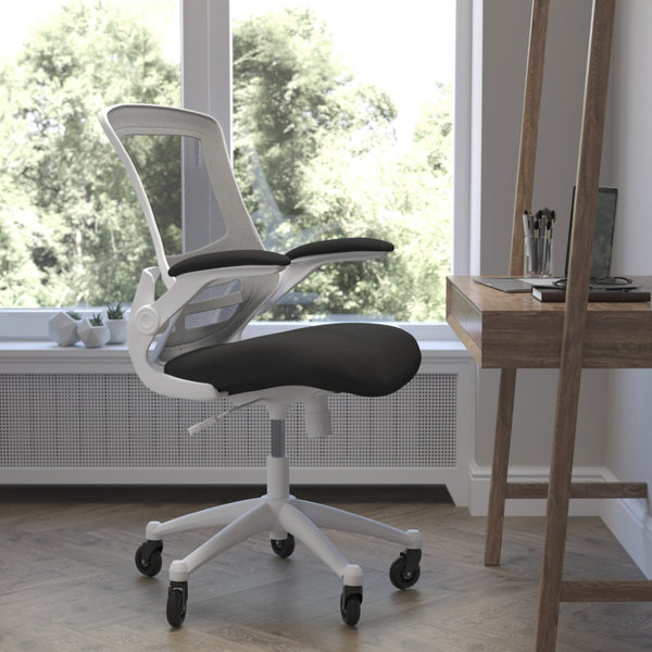 English Elm Kelista Ergonomic Mid-Back Office Chair with Lumbar Support, Flip-Up Arms & Smooth Roller Wheels Black Mesh/White Frame BL-X-5M-WH-BK-RLB-GG