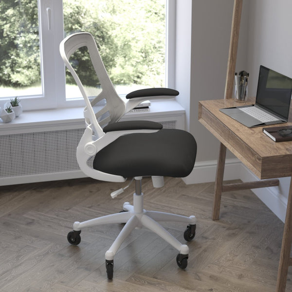 English Elm Kelista Ergonomic Mid-Back Office Chair with Lumbar Support, Flip-Up Arms & Smooth Roller Wheels Black Mesh/White Frame BL-X-5M-WH-BK-RLB-GG