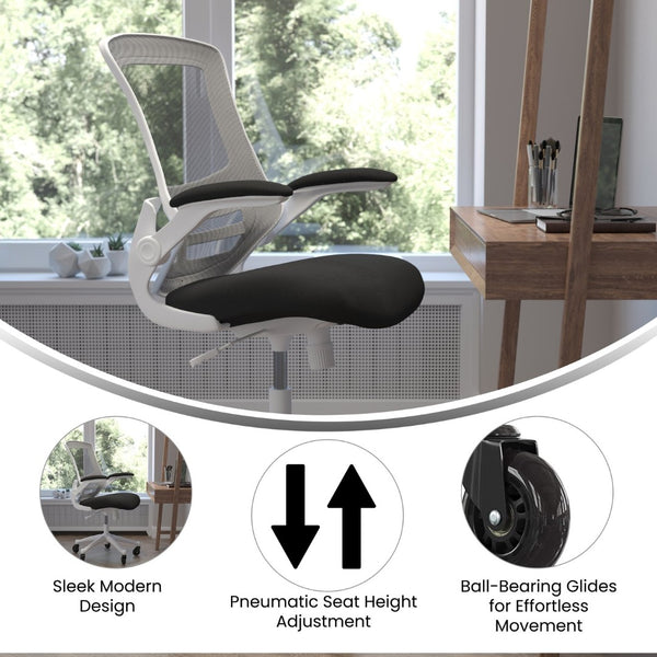 English Elm Kelista Ergonomic Mid-Back Office Chair with Lumbar Support, Flip-Up Arms & Smooth Roller Wheels Black Mesh/White Frame BL-X-5M-WH-BK-RLB-GG