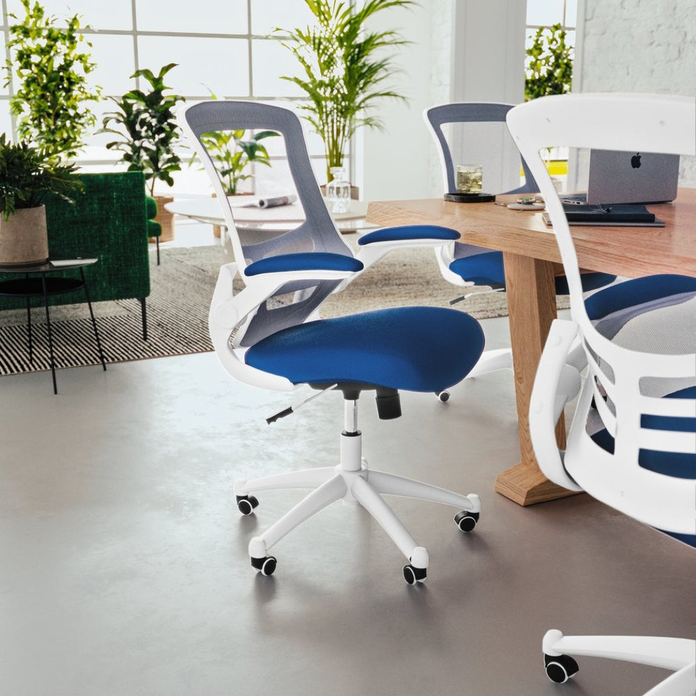 English Elm Kelista Ergonomic Swivel Office Chair with Mesh Back, Adjustable Height & Flip-Up Arms for Comfort Blue Mesh/White Frame BL-X-5M-WH-BLUE-GG