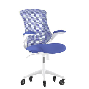 English Elm Kelista Ergonomic Mid-Back Office Chair with Lumbar Support, Flip-Up Arms & Smooth Roller Wheels Blue Mesh/White Frame BL-X-5M-WH-BLUE-RLB-GG