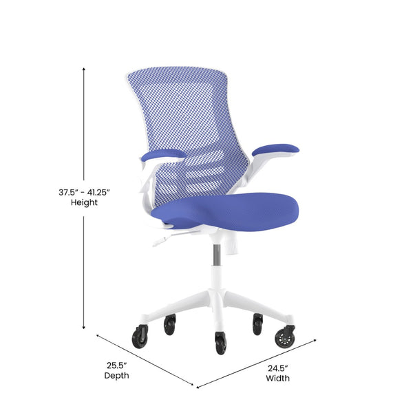 English Elm Kelista Ergonomic Mid-Back Office Chair with Lumbar Support, Flip-Up Arms & Smooth Roller Wheels Blue Mesh/White Frame BL-X-5M-WH-BLUE-RLB-GG