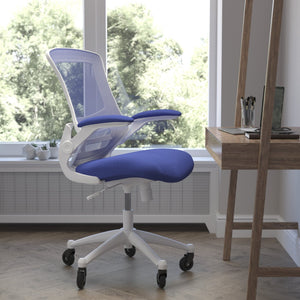 English Elm Kelista Ergonomic Mid-Back Office Chair with Lumbar Support, Flip-Up Arms & Smooth Roller Wheels Blue Mesh/White Frame BL-X-5M-WH-BLUE-RLB-GG