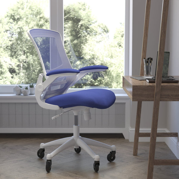 English Elm Kelista Ergonomic Mid-Back Office Chair with Lumbar Support, Flip-Up Arms & Smooth Roller Wheels Blue Mesh/White Frame BL-X-5M-WH-BLUE-RLB-GG