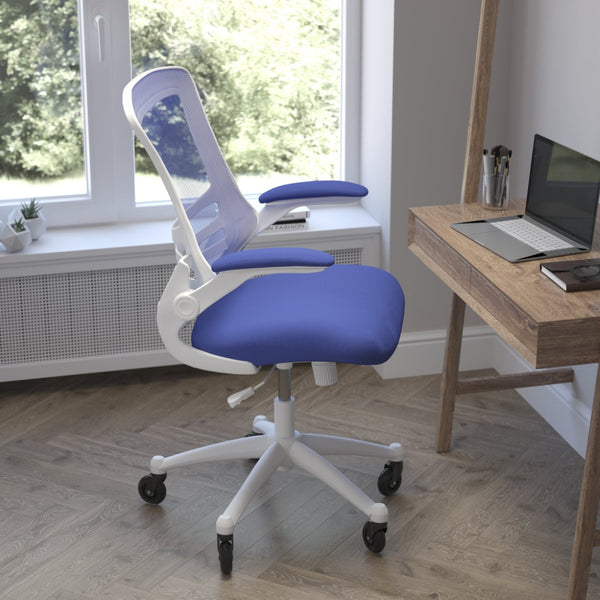 English Elm Kelista Ergonomic Mid-Back Office Chair with Lumbar Support, Flip-Up Arms & Smooth Roller Wheels Blue Mesh/White Frame BL-X-5M-WH-BLUE-RLB-GG