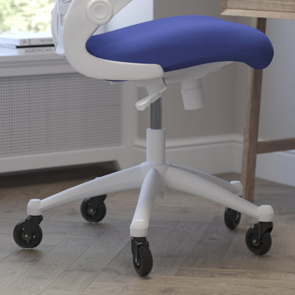 English Elm Kelista Ergonomic Mid-Back Office Chair with Lumbar Support, Flip-Up Arms & Smooth Roller Wheels Blue Mesh/White Frame BL-X-5M-WH-BLUE-RLB-GG