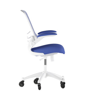 English Elm Kelista Ergonomic Mid-Back Office Chair with Lumbar Support, Flip-Up Arms & Smooth Roller Wheels Blue Mesh/White Frame BL-X-5M-WH-BLUE-RLB-GG