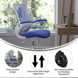 English Elm Kelista Ergonomic Mid-Back Office Chair with Lumbar Support, Flip-Up Arms & Smooth Roller Wheels Blue Mesh/White Frame BL-X-5M-WH-BLUE-RLB-GG