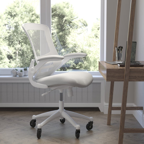 English Elm Kelista Ergonomic Mid-Back Office Chair with Lumbar Support, Flip-Up Arms & Smooth Roller Wheels Light Gray Mesh/White Frame BL-X-5M-WH-GY-RLB-GG